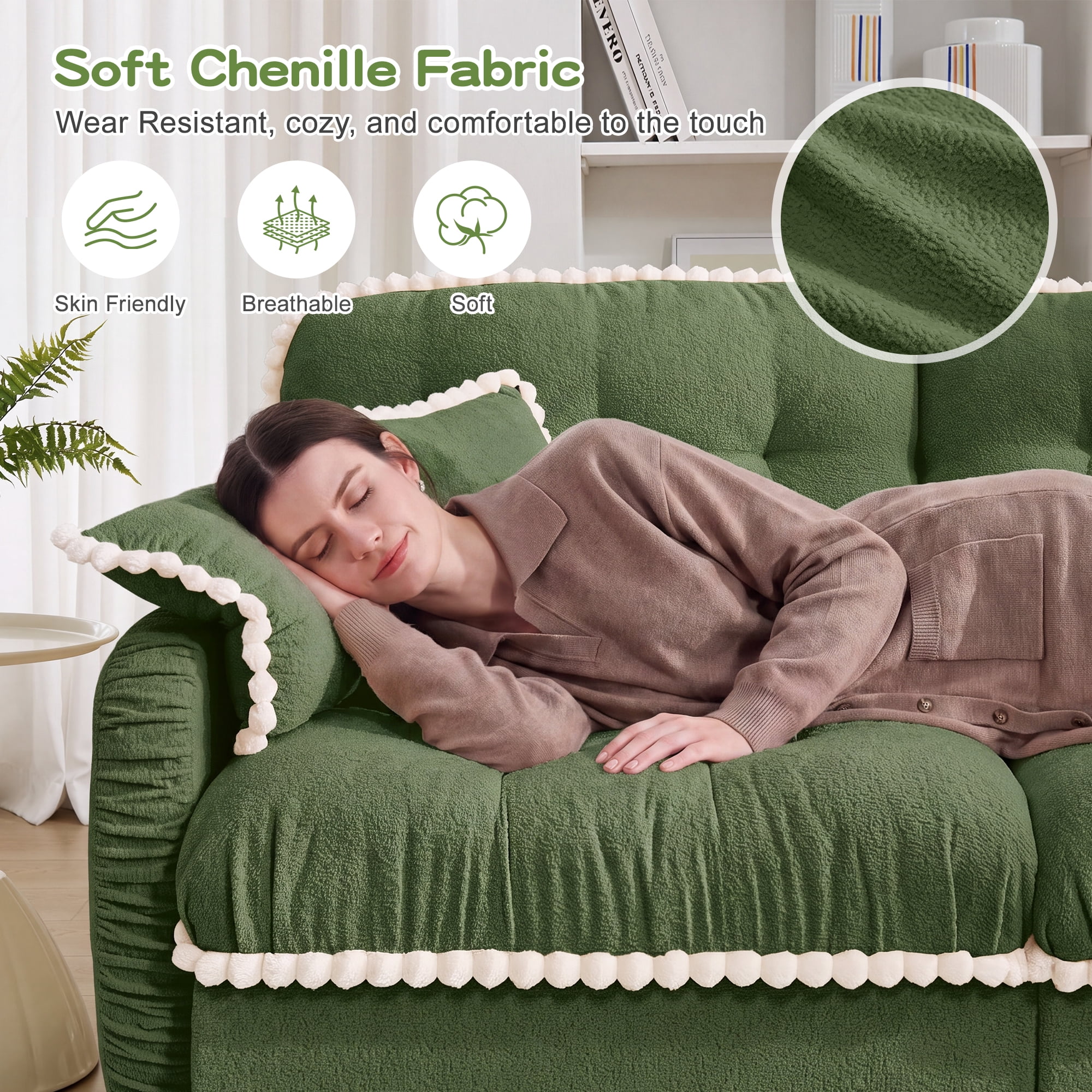 Anpport 70" Chenille Cloud Loveseat with 4 Pillows, Pom‑Pom Trim, Quilted Tufted Ergonomic, Easy Assembly Deep Seat for Living Room Apartment, Green