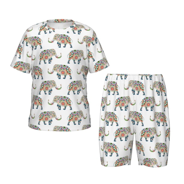 Balery Indian Elephant Conjunto de Pijama Infantil de Manga Corta con Estampado – Ropa de Dormir de Algodón Suave-Medium
