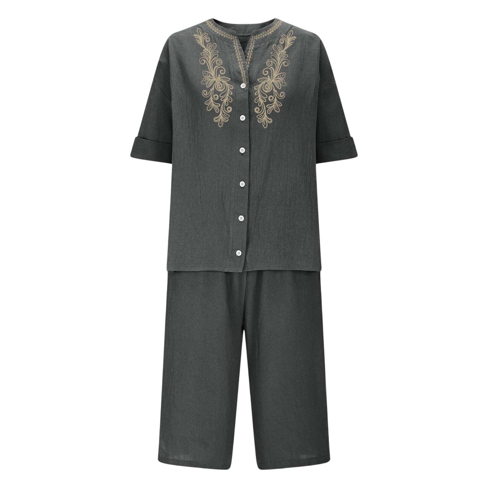 Womens 2 Piece Outfits Short Sleeve Cotton Linen Embroidered Shirts Wide Leg Capri Pants Matching Sets