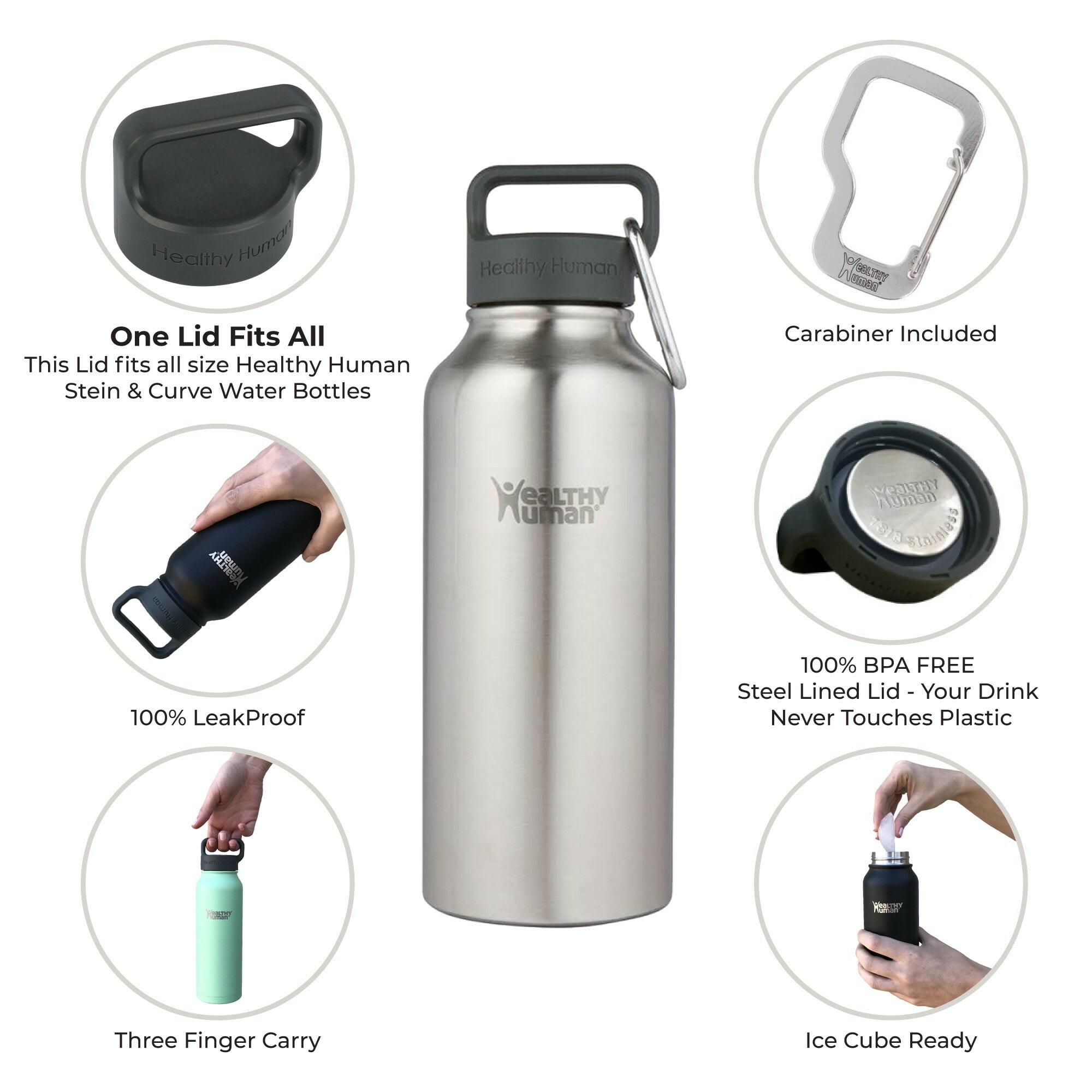 Healthy Human Stainless Steel Water Bottle | Double Walled Vacuum Insulated Water Thermos for Adults | Eco-Friendly Travel Bottles with Leak Proof Lid (Brushed Steel, 32 oz/ 946 ML)