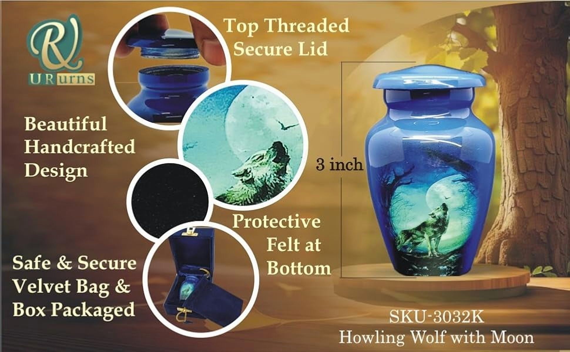 UR urns Keepsake Urn –Howling Wolf with Moon Keepsake Cremation Urn for Human Ashes with Velvet Box & Velvet Bag-Mini Keepsake Urn - Affordable Keepsake Urn (3 cu.in)