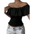 thumbnail image 2 of Women'S Off the Shoulder Blouse Ruffle Short Sleeve Smocked Going Out Crop Tops Black S, 2 of 10