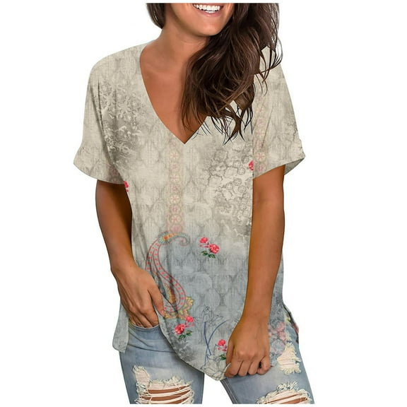 WXLWZYWL Women's Loose Tops Crewneck Print Tees Short Sleeve T Shirt Blouse Loose Tops Khaki