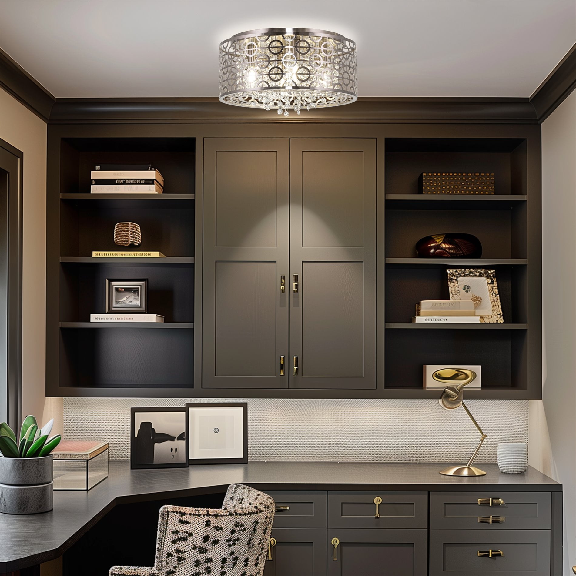 Kira Home Brielle 15" Modern Chic 4-Light Crystal Flush Mount Chandelier + Round Metal Shade, Dimmable, Brushed Nickel