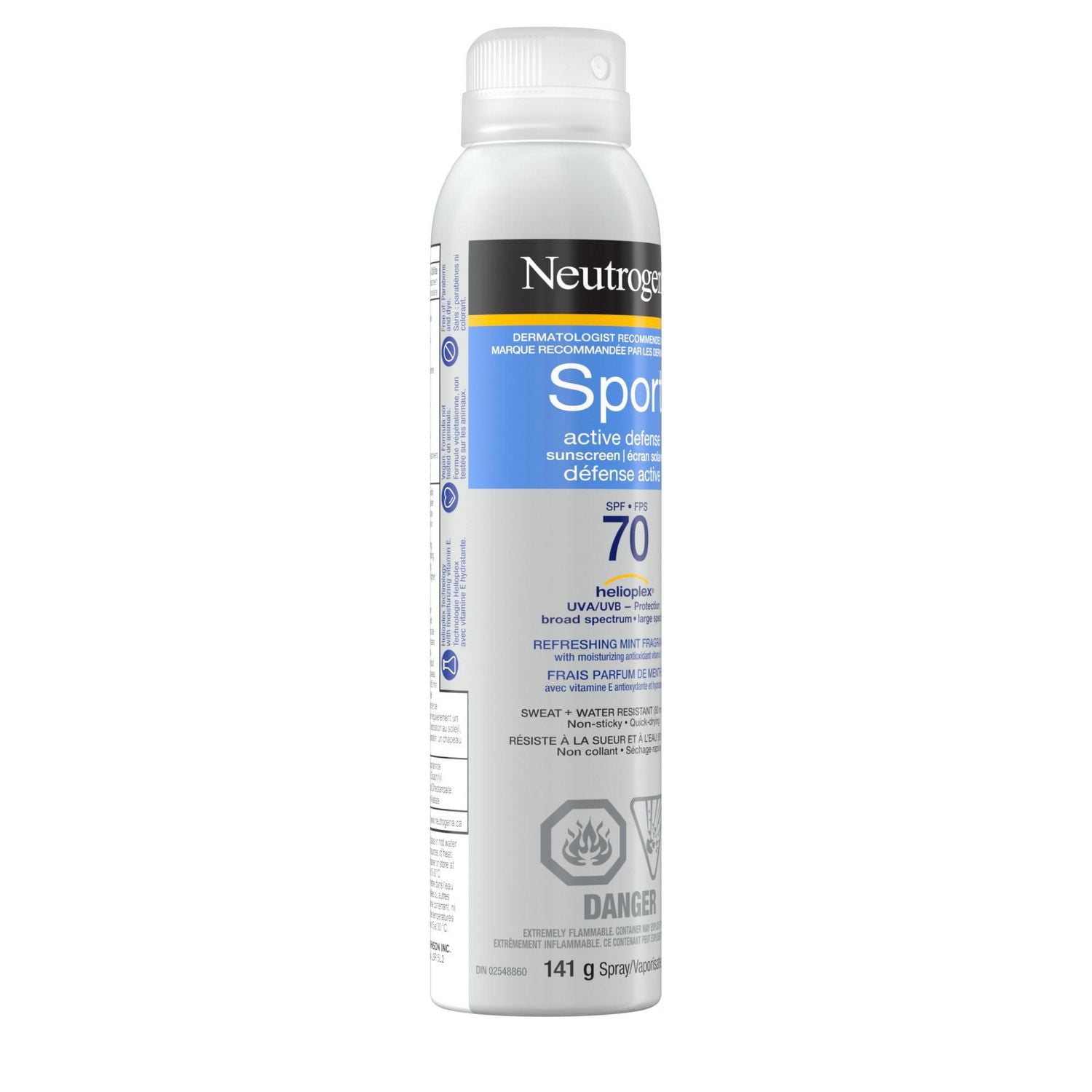 Écran solaire en vaporisateur Sport Active Defense Neutrogena FPS 70, écran solaire en vaporisateur résistant à la transpiration et à l’eau avec protection solaire à large spectre UVA/UVB pour la 141g