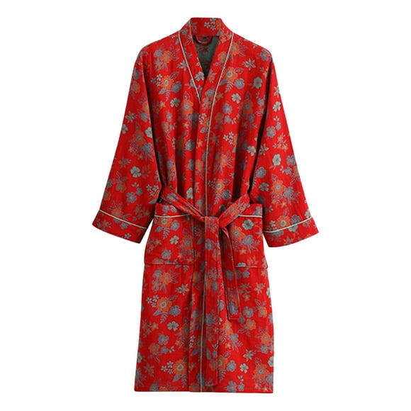 Penkiiy Womens Bathrobe,Soft Double-layer Shower Kimono Robe,Gauze Lightweight Midi Sleepwear XL Red