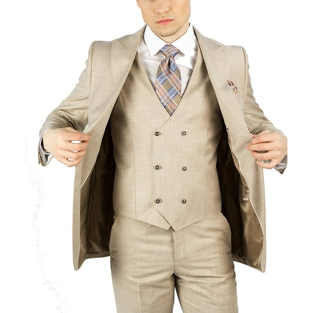 Adam Baker by Needle & Stitch 12965 Men's 3-Piece Peak Lapel Modern Fit Suit- Beige 38R