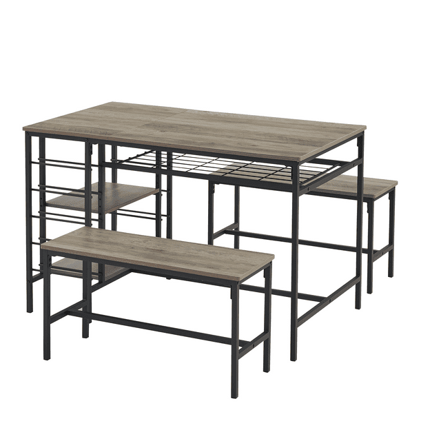 47" Dining Table Set for 4, 3-Piece Kitchen Table with 2 Benches, Adjustable and Removable Shelves, Wine Rack, Space-Saving Dining Room Table Set Dinette Set for Breakfast Nook, Dining Room