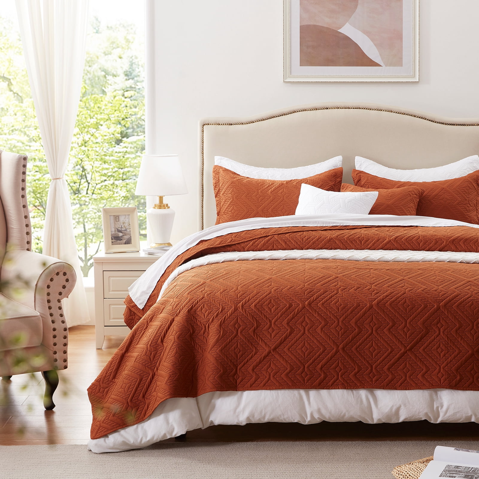 Quilt Set King Size 3 Pieces, Lightweight Burnt Orange/Rust Bedspread-98''x106'', Soft Microfiber Summer Quilt, Luxurious Warm Coverlet Set for All Seasons (Includes 1 Quilt, 2 Shams)