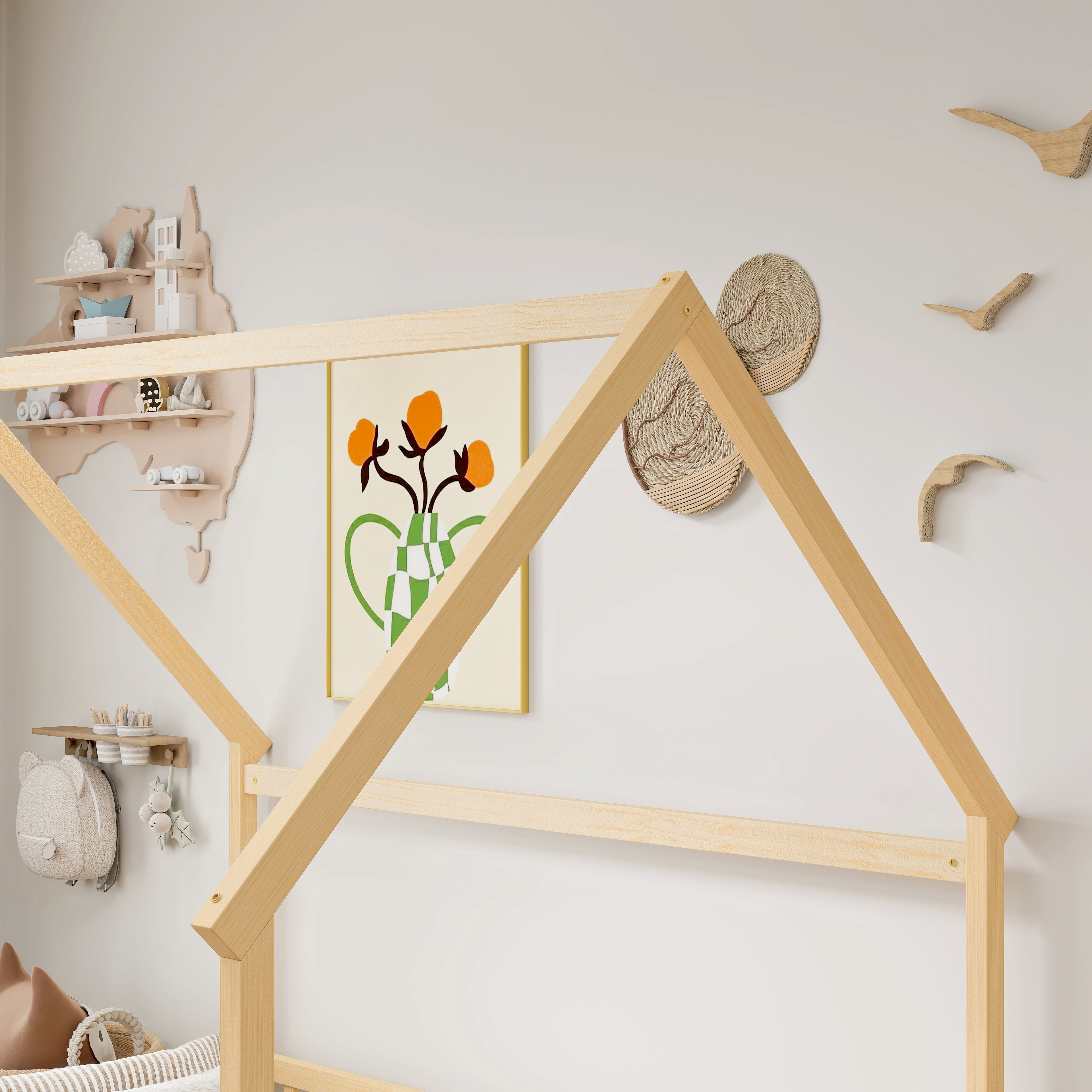Full Size House Floor Bed with Roof Frame, Pine Wood Floor Bed with Safety Guardrails, Natural