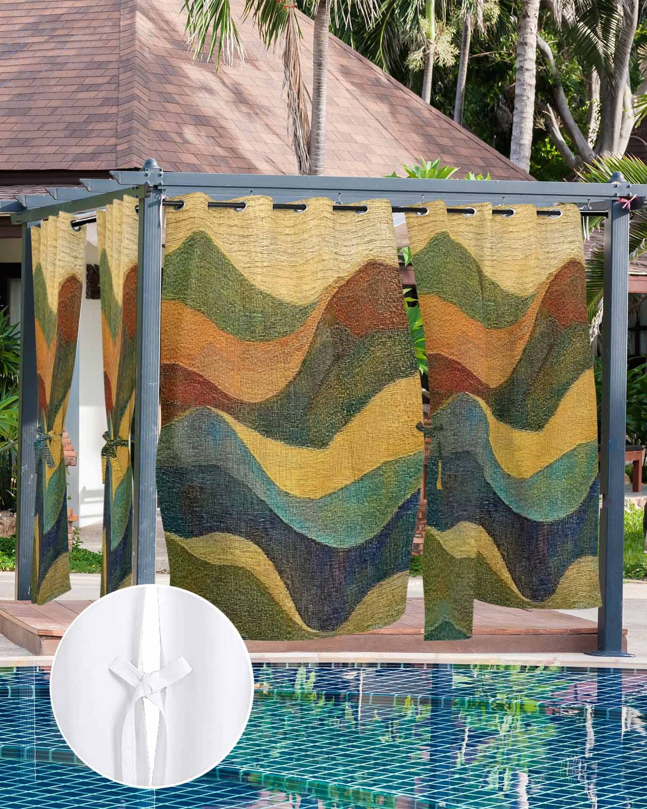 Vintage Green Yellow Outdoor Curtains for Patio, Farmhouse Retro Art Privacy Drapes Grommet Waterproof Outside Curtains for Porch/Cabana/Balcony 54"x 108", 1 Panel