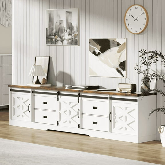 Farmhouse TV Stand for 65-88 Inch TV, Modern Entertainment Center with Storage Cabinet and Open Shelves, TV Console Table Media Cabinet for Living Room, Bedroom and Office