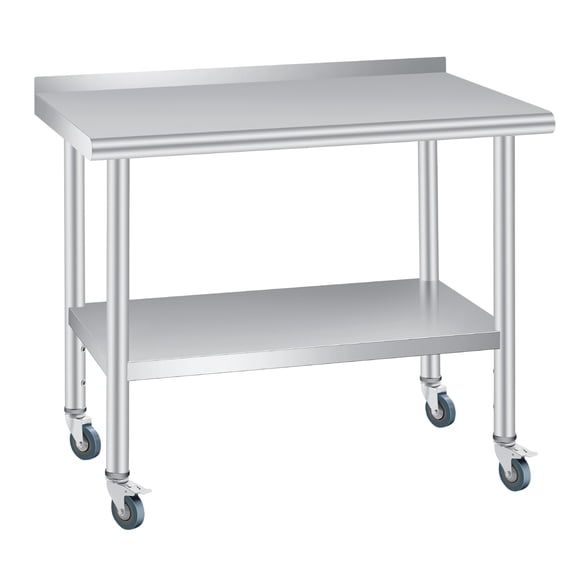 48x24 InchStainless Steel Prep Table - Commercial Kitchen Workstation with Backsplash, 4 Casters & Adjustable Shelf