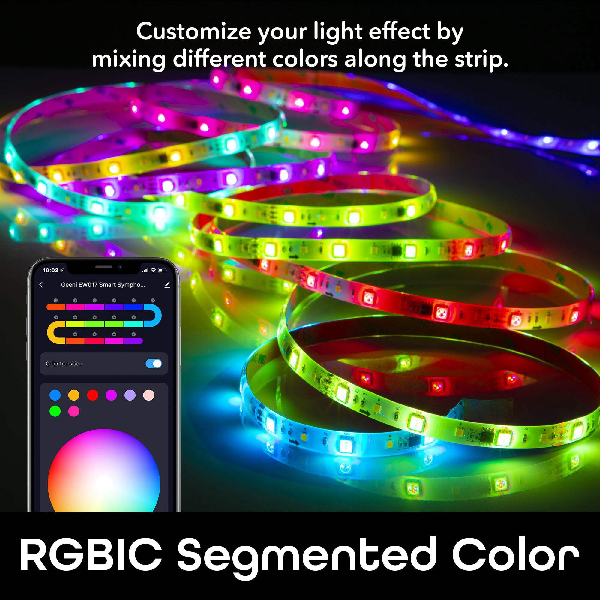 Geeni Prisma Symphony Smart LED Strip Lights, RGBIC with App Remote Control and Music Sync, 16.4 ft