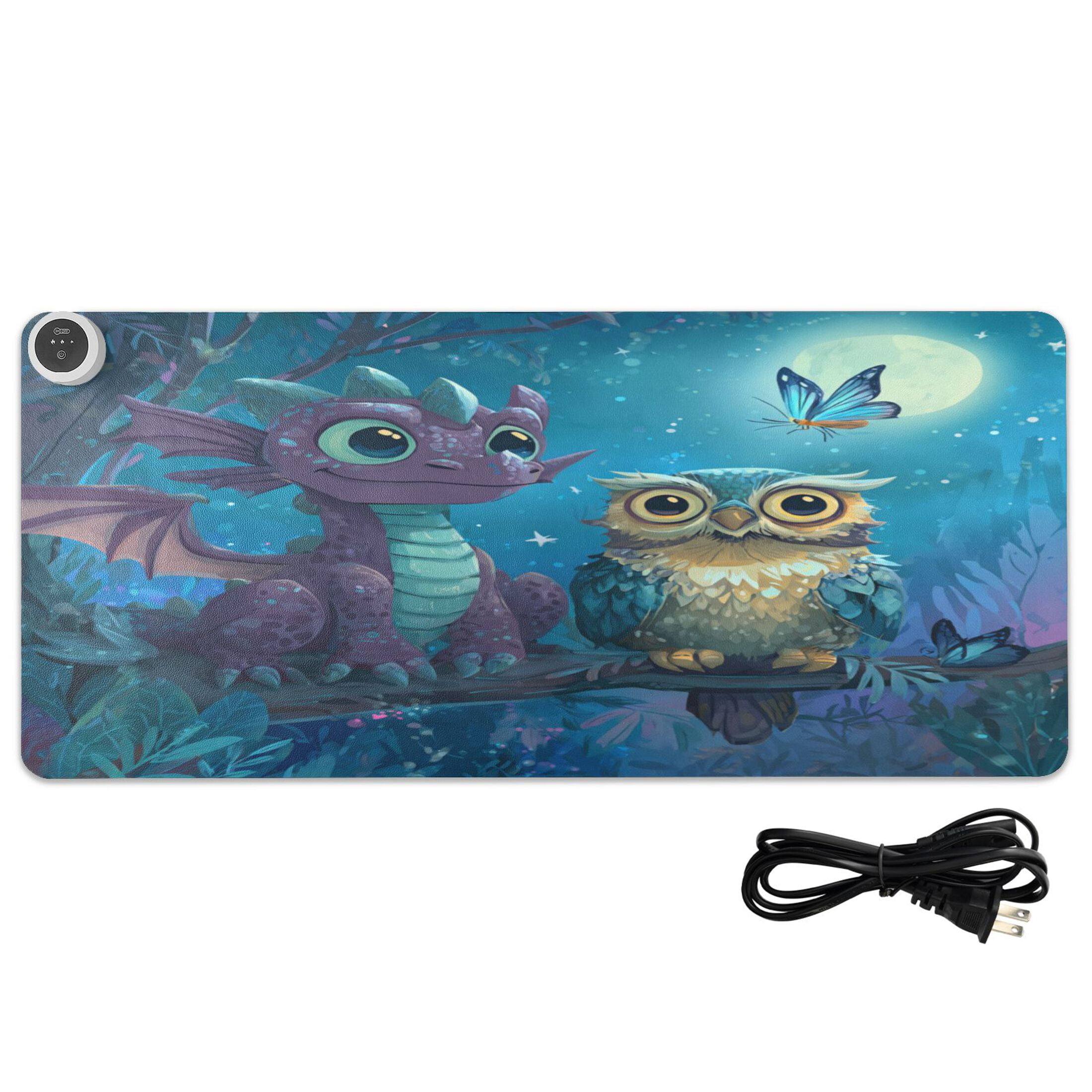 Wobogo Cute Dragon Owl Heated Mouse Pad Extra-Large Desk Mat With 3 Heating Levels and 3-hour Auto Shut-Off Protection Ideal for Computer Keyboards Home Office Hand-warming Essential 31.5in × 13in