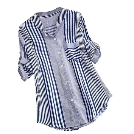 

Womens Striped Tunic Tops 3/4 Rolled Sleeve Button Up Hide Belly Shirts Casual Blouses T Shirt Top with Pocket