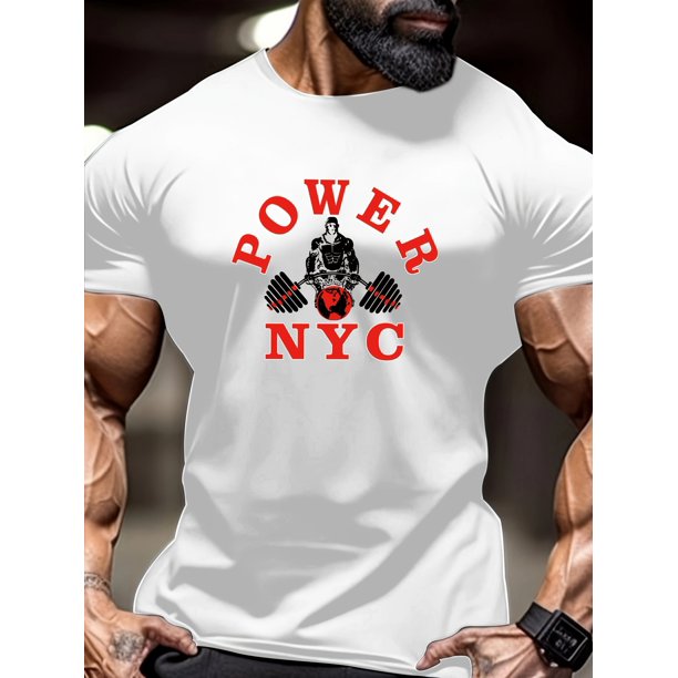 POWER NYC Graphic Print 1pc Men's Casual Crew Neck T-Shirt - Slight Stretch Polyester Knit Fabric, Regular Fit for Adults, Summer Workout Tee