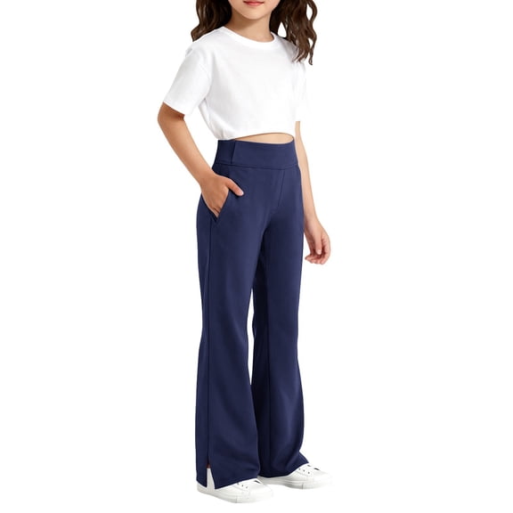 Girls Flare Leggings High Waisted Yoga Dance Pants School Outfit Soft Stretch Wide Leg 4-way Pants for Kids Girls Casual Wear,12-13Y,Navy