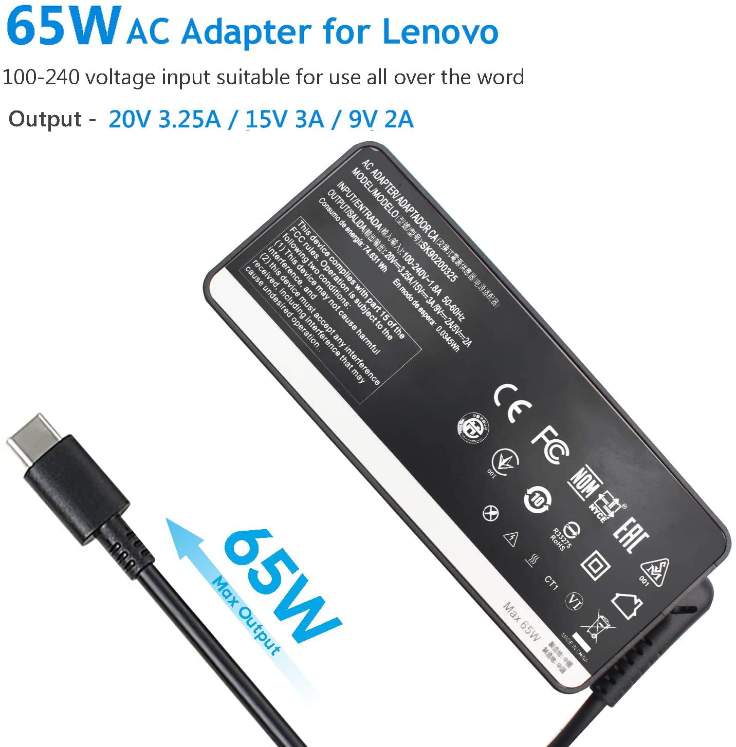 Cargador Lenovo 65W USB-C Type-C ADLX65YLC3A ThinkPad T470 T480 T570 T580  Yoga - 01FR026 - Computo Nacional