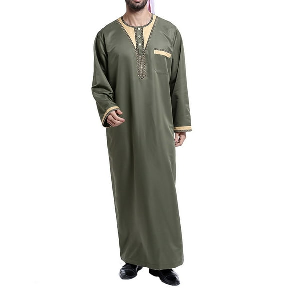 Clearance! Ohufall Thobe,Robe for Men, Muslim Robe Arab Middle Robe Pattern Embroidery Long Sleeve Standing Neck Pocket Long Shirt Fashion Casual Robe Muslim Clothes for Men Clearance