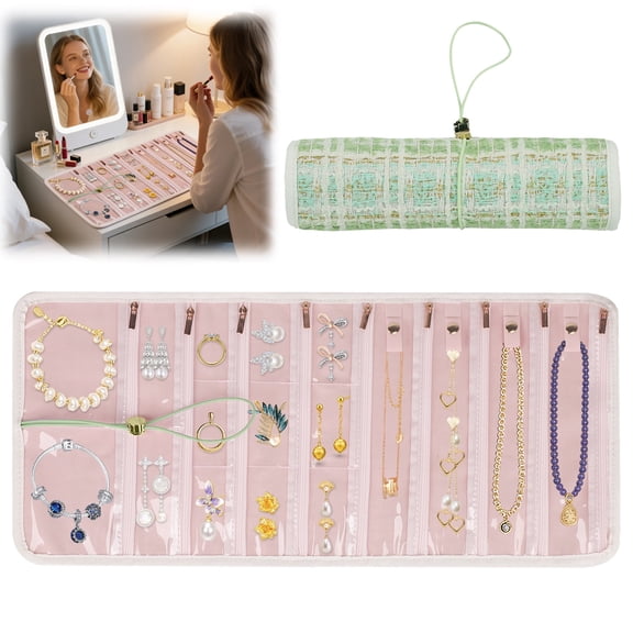 Travel Jewelry Organizer Roll with Zippered Pockets | Tangle-Free Portable Jewelry Storage Bag for Women | Holder for Necklaces, Earrings, Rings, Bracelets,Green