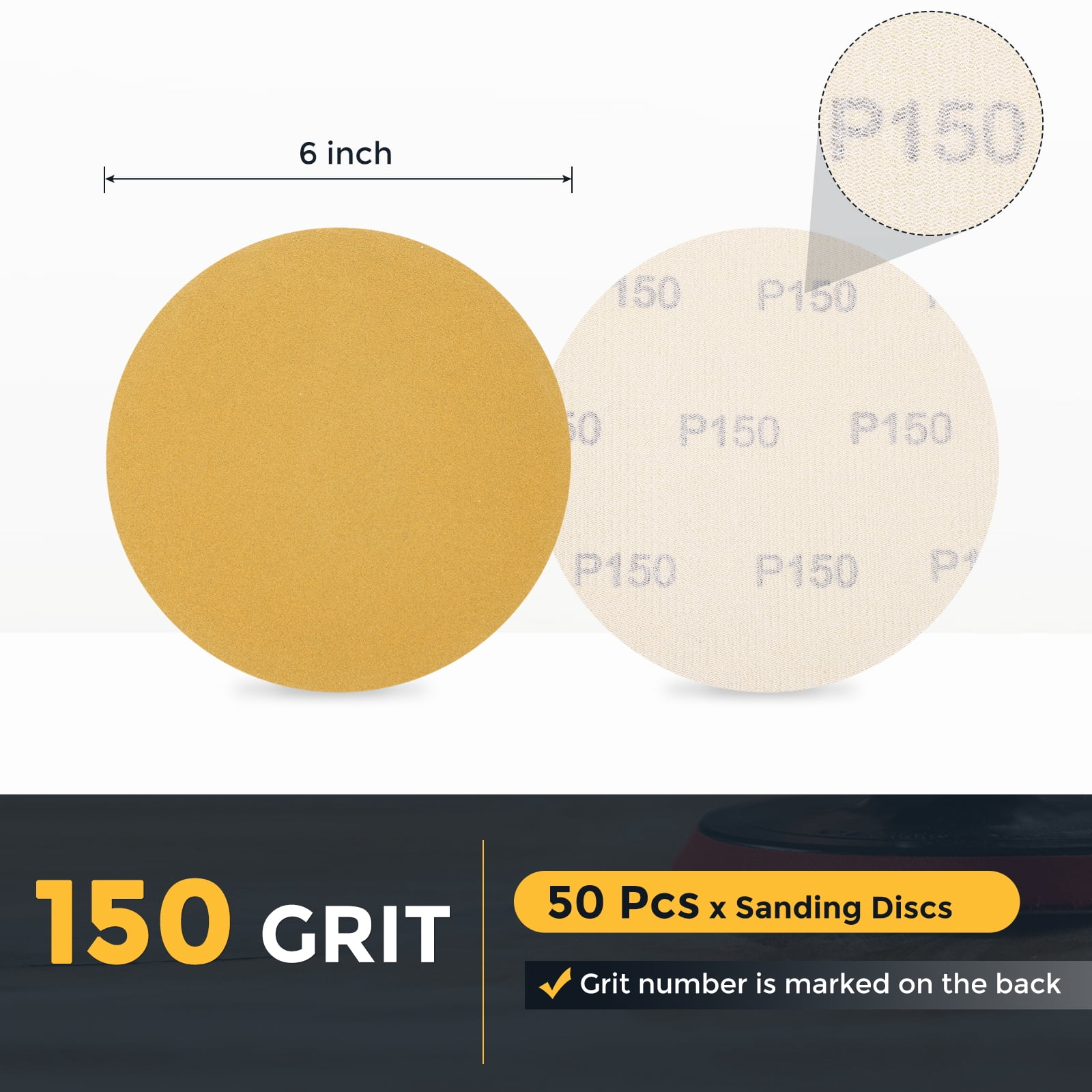 50 Pcs 6 Inch Sanding Disc 150 Grit Hook and Loop Sandpaper Random Orbital Sander Pads for Woodworking Automotive, Gold