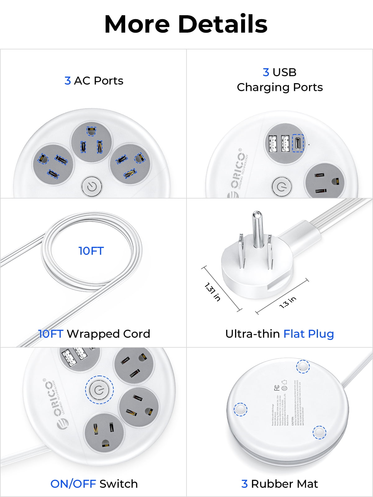 ORICO Flat Plug Power Strip 3 Outlets 3 USB A Ports 10 ft Long Extension Cord Power Strip with Switch