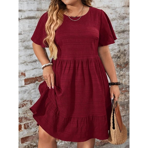 Burgundy Plus Size Round Neck Ruffle Sleeve Drop Waist Casual Summer Dress