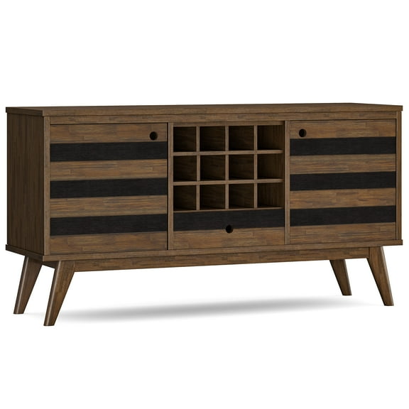 Simpli Home Clarkson SOLID ACACIA WOOD and Acacia 60 inch x 18 inch Rectangle Mid Century Sideboard with Wine Storage in Rustic Natural Aged Brown