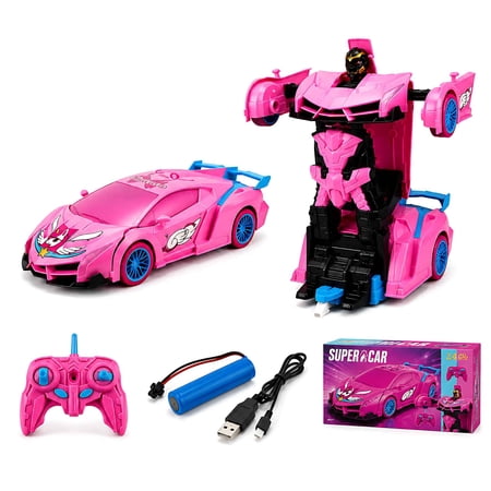 Unicorn Transformer Car, Pink 2-in-1 Robot Vehicle with LED Lights, One-Key Transform, Rechargeable 2.4GHz Toy for Indoor Playtime for Girls