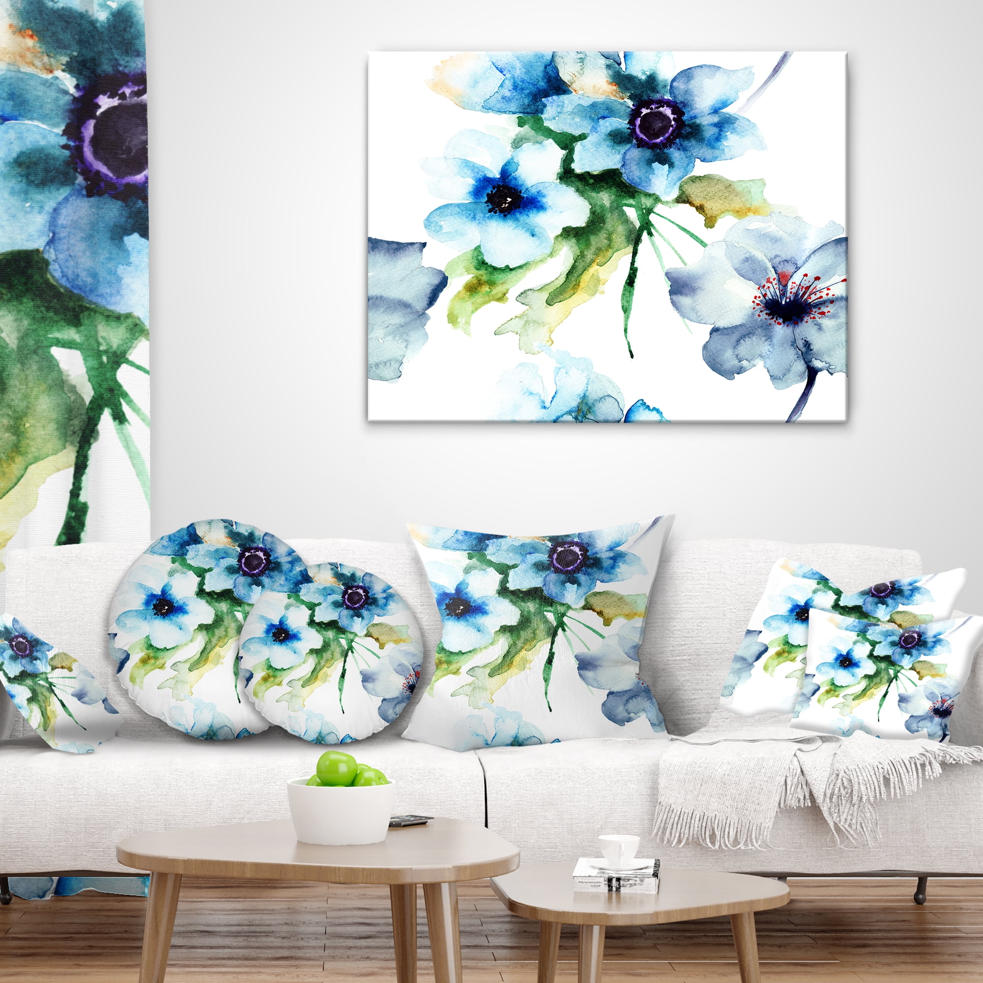 Designart Seamless Summer Blue Flowers - Floral Throw Pillow - 18x18