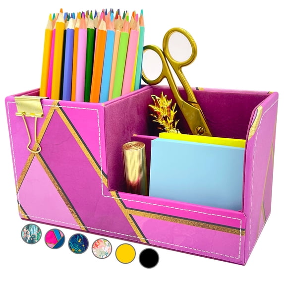 French KOKO Small PU Leather Desk Organizer Cute Office Pen Holder Pink