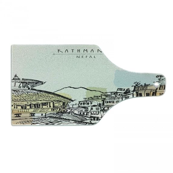Nepal Cutting Board, Hand Drawn Building of Durbar Mountains and Buildings in Kathmandu Tourist Attraction, Tempered Glass Cutting and Serving Board, Wine Bottle Shape, Multicolor, by Ambesonne