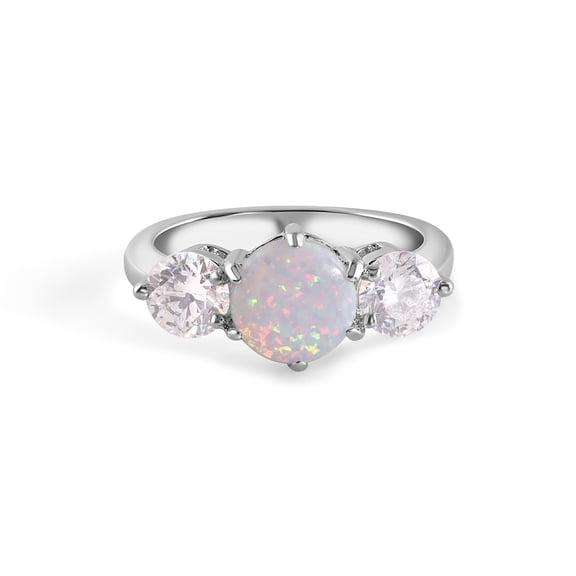 Rhodium Plated Sterling Silver Three Trellis Simulated Opal Ring White CZ Jewelry Female Size 9