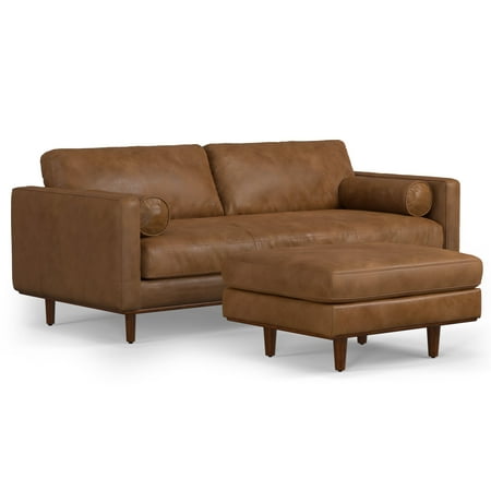 Simpli Home Morrison Mid-Century Modern 89 inch Wide Sofa with Ottoman Set in Caramel Brown Genuine Leather