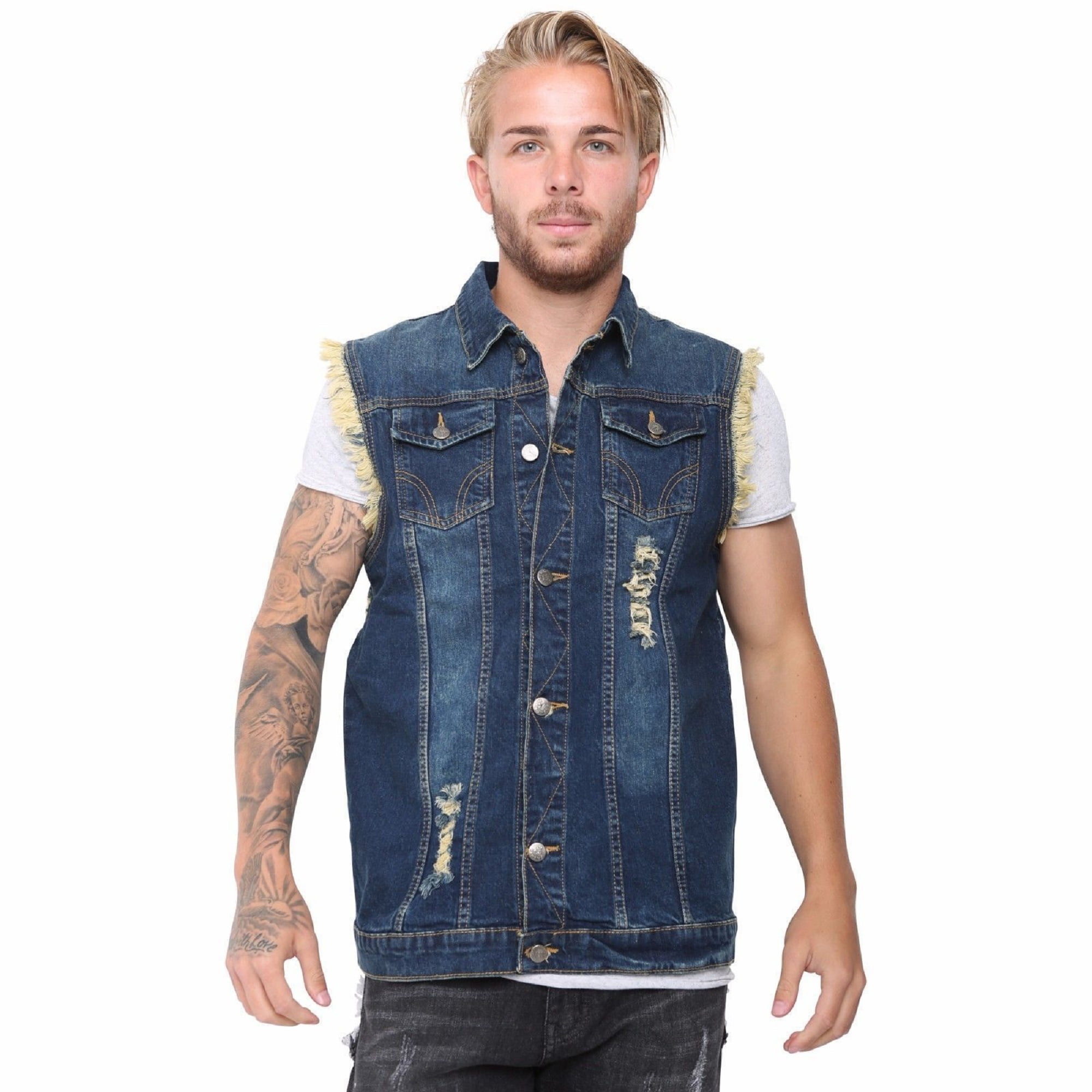 Frieed Mens Plus Size Washed Sleeveless Ripped Button Down Denim Vest 