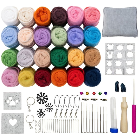 24 Colors Needle Felting Kit, Complete Wool Felting Supplies with Wool Roving, Felting Needles, Tools, Molds & Accessories, DIY Craft Set for Beginners & Adults