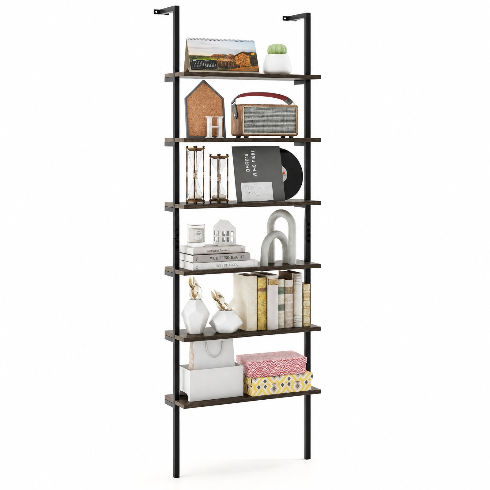 Furnibear 6-tier Ladder Shelf 72 Inches Industrial Wall Mounted Bookshelf for Living Room Home Office Bedroom Display Storage Shelf, Oak