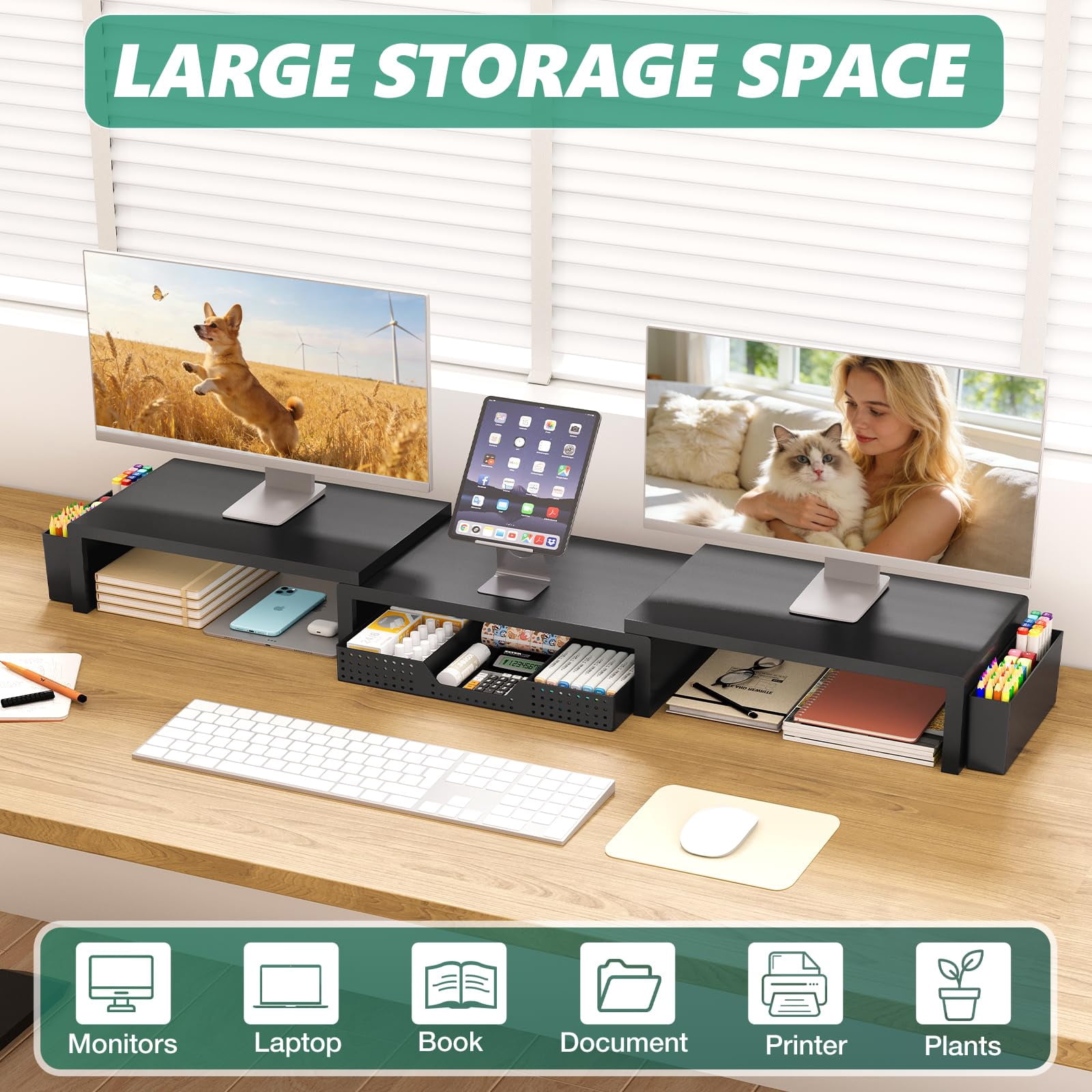 Dual Monitor Stand Riser With Drawer And 2 Pen Holders  Desk Organizer For Office Supplies Computer Workspace Accessories Home Black