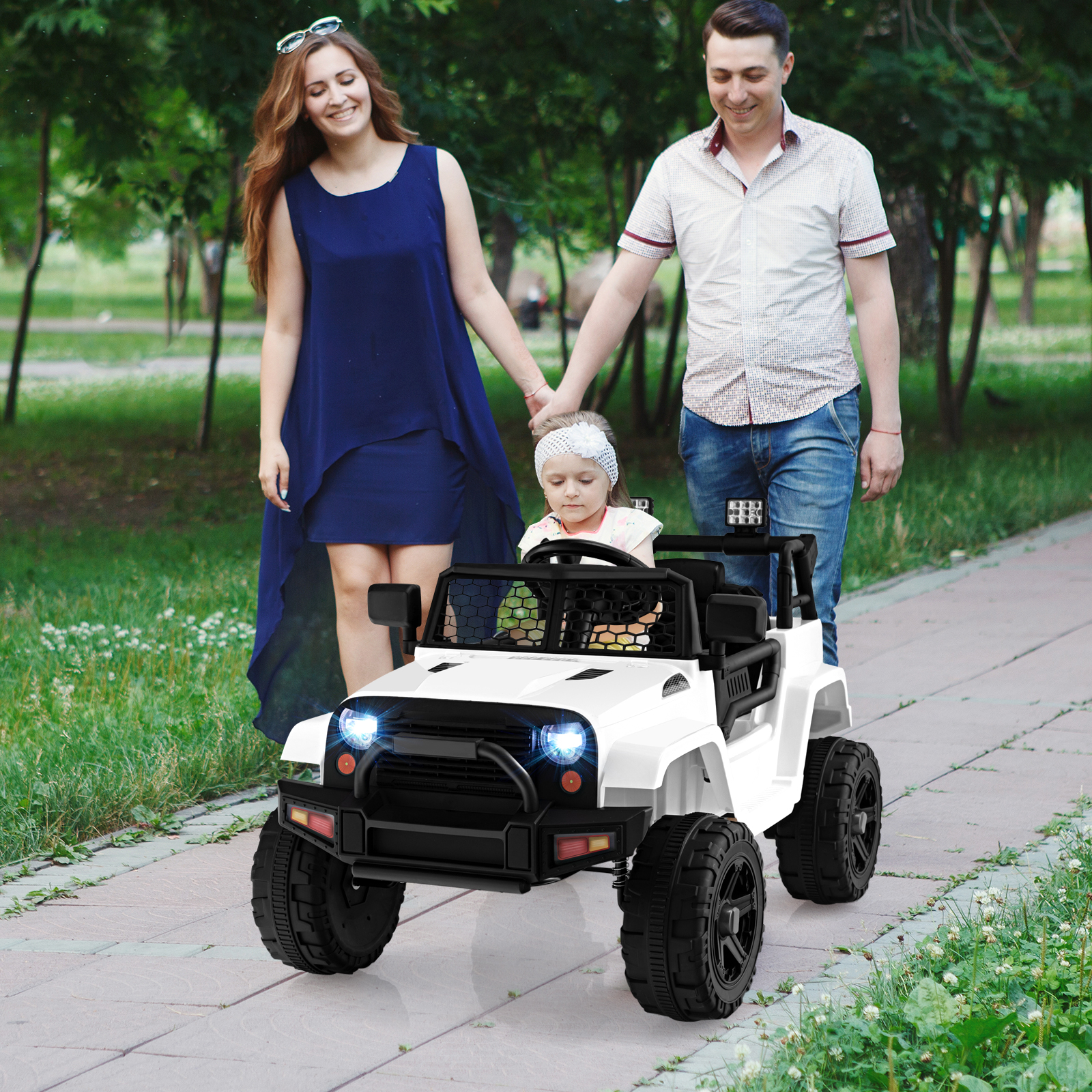 Topbuy 12V Kids Ride On Car Electric Vehicle Jeep with Parental Remote Music Horn Headlights Slow Start Function White