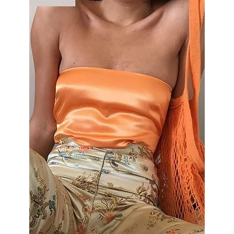 Women Sexy Tube Crop Tops Silk Satin Strapless Solid Hollow Out