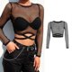 thumbnail image 2 of Women Long Sleeve Mesh Crop Top Hollow Out Fishnet for Cross Tie Back Slim T-Shi Black L, 2 of 4