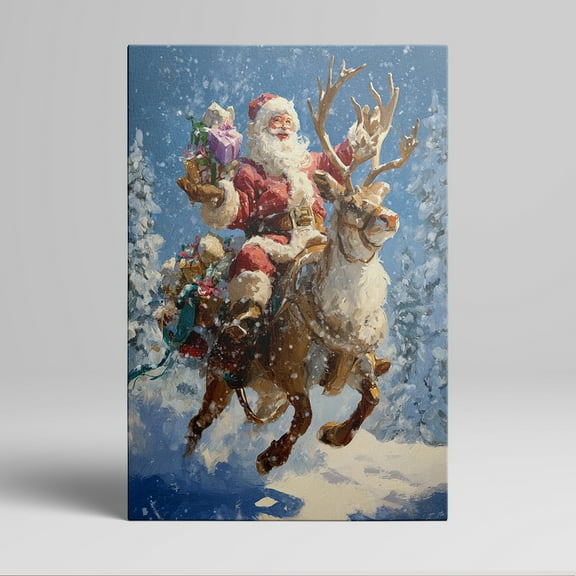 1pc Santa Claus Riding Reindeer with Gifts in Snow - themed Framed Decor room hanging Wall Picture Decor for Home Gifts, living room, bathroom, bedroom, kitchen wall art decor canvas wall art