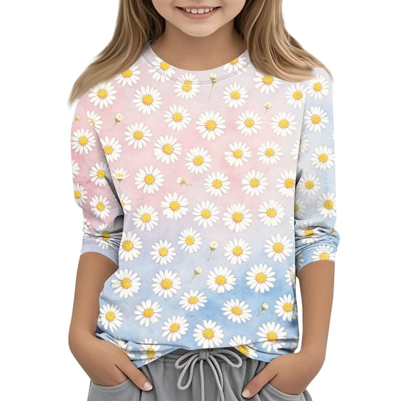Grblisyd Girls 3/4 Sleeve T Shirts Kids Cute Floral Print Tops Casual Loose Crewneck Graphic Tees 2-13Y