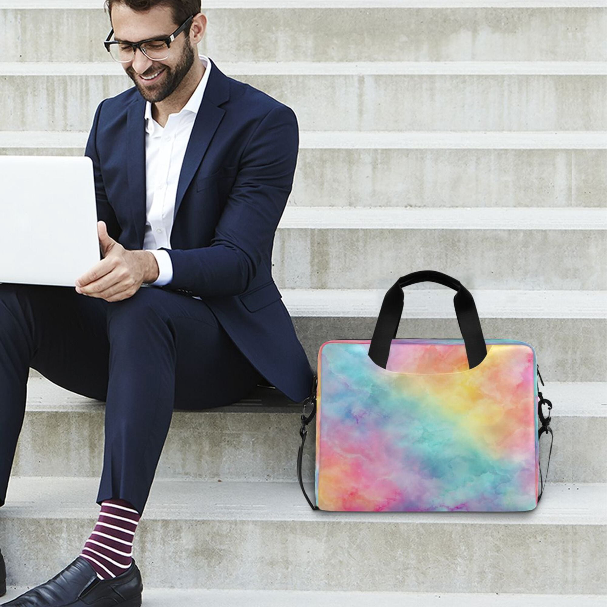 16" Laptop Briefcase, Detachable Anti-Slip Shoulder Strap, Multi-Compartment Work Travel Bag Pastel Rainbow Tie-dye Pattern