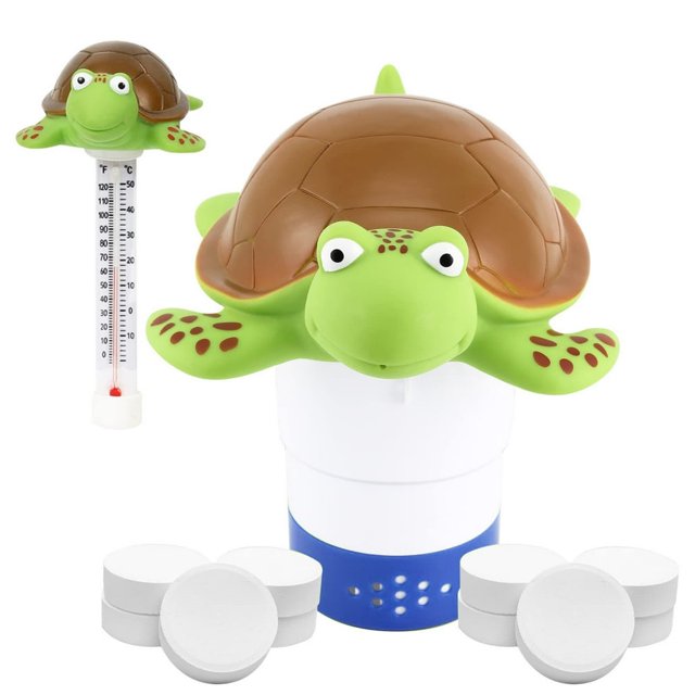 OUSITAID Chlorine Floater with Thermometer Collapsible Turtle Floating Pool Chlorine Dispenser 2 in 1 kit Anti-Corrosion Fits 3” Chlorine TabletsRelease Adjustable for Swimming Pool Ho