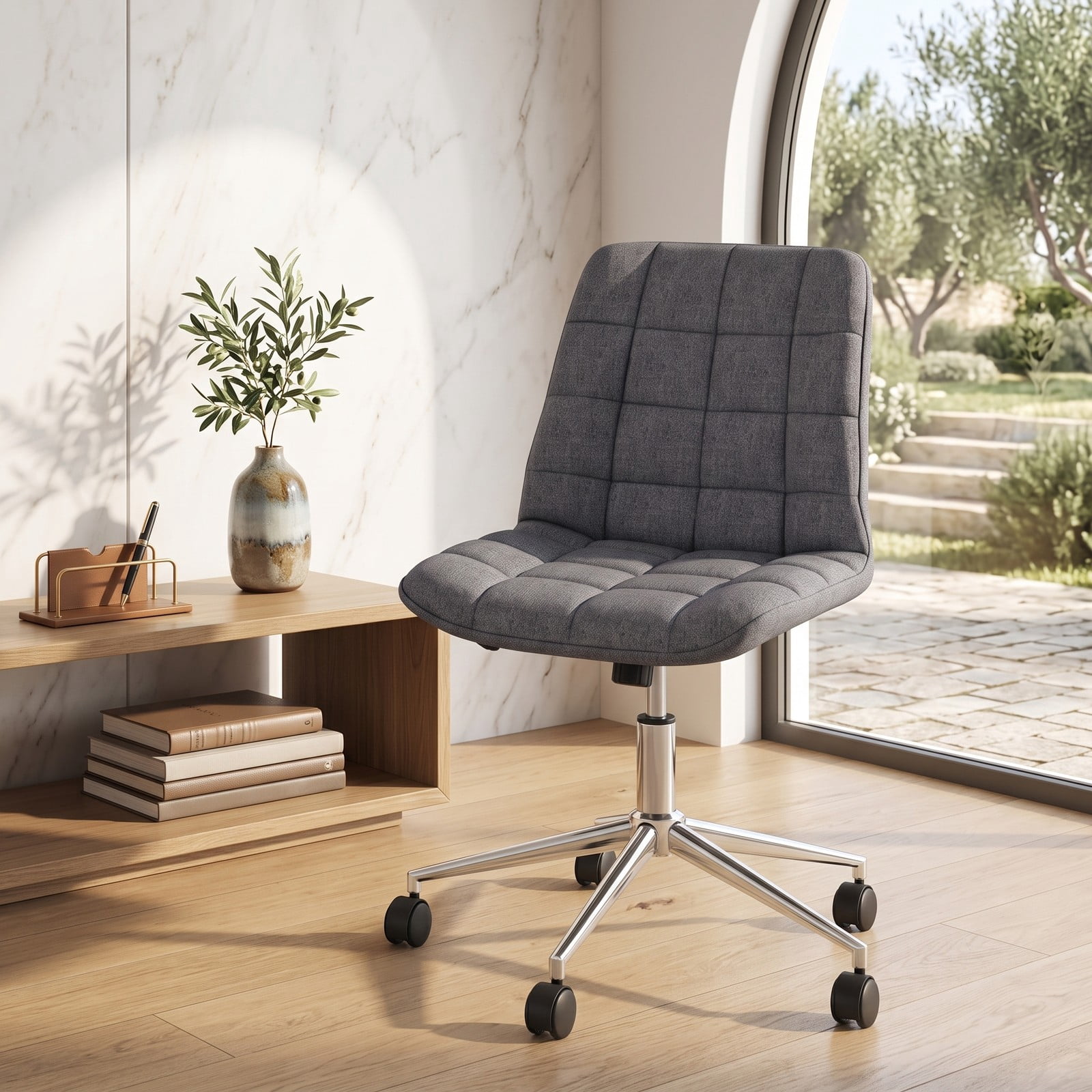 Furnibear Armless Office Chair, Upholstered Makeup Vanity Chair with Adjustable Height, 15° Rocking, Swivel Task Desk Chair with 5 Wheels and Metal Base for Home, Grey