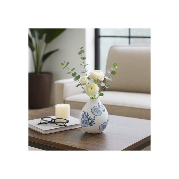 Small Ceramic Bud Vase for Living Room and Home Decor - Floral Flower Vase Accent for Bathroom, Bedroom, or Office Display - Chinoiserie House Accent for Entryway Table Decor - 5", Blue & White