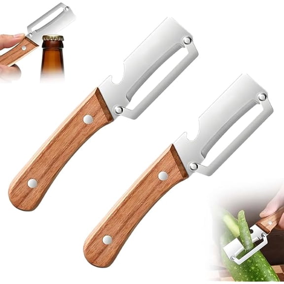 Multifunctional Premium Vegetable Peeler: 2-in-1 Peeler with Wooden Handle and Bottle Opener - Stainless Steel Kitchen Tool for Fruit Apple Potato Pumpkin Papaya (2)