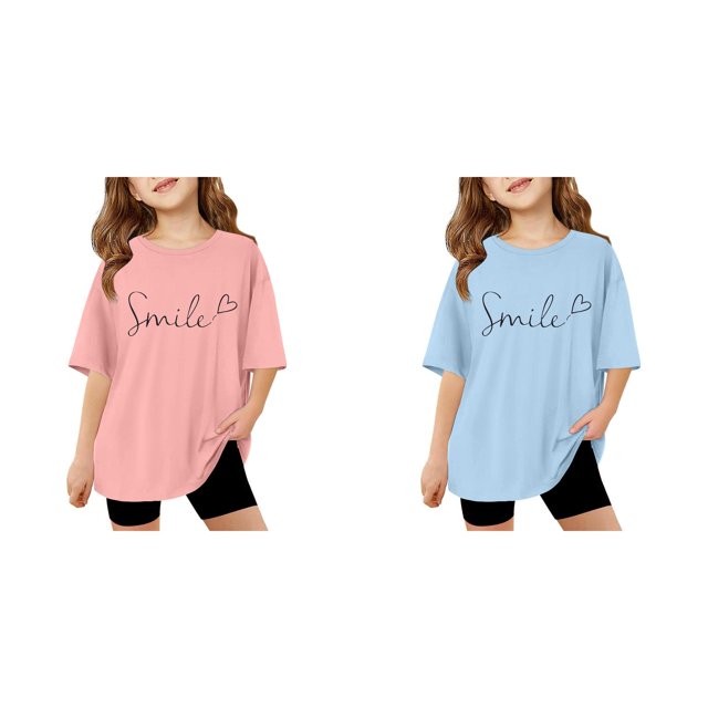 (2-Pack) Rinsvye Kids Short Sleeve Letter Design T Shirt Comfortable Tops And Girls Everyday Wear Durable Lightweight Apparel